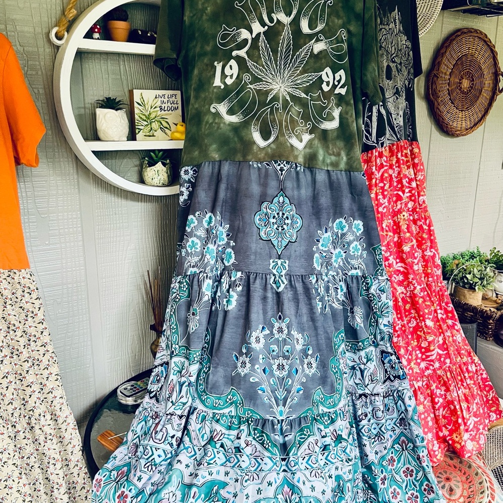 Bohemian Gray and Teal Maxi Skirt